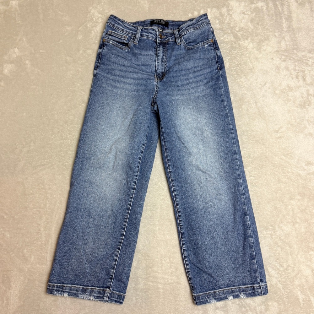 Judy Blue Wide Leg Crop Jeans Junior Women 7/28 Blue Distressed High Rise Boho